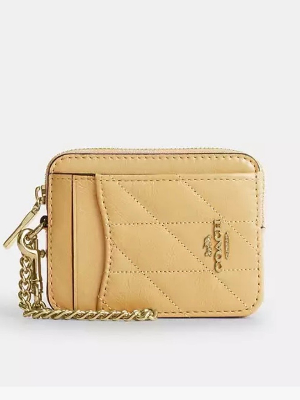 NWT Coach Zip Card Case In Glazed Leather With Quilting in Soft Yellow